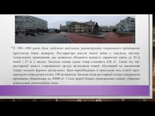 У 1983–1988 роках було здійснено капітальну реконструкцію театрального приміщення (архітектор борис