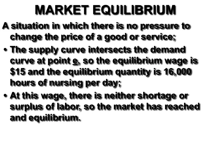 MARKET EQUILIBRIUM A situation in which there is no pressure to