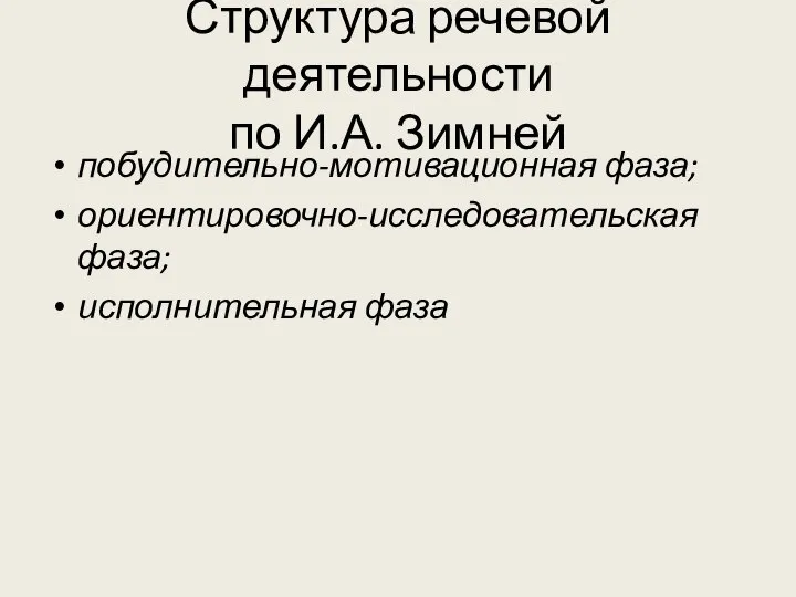 Структура речевой деятельности по И.А. Зимней побудительно-мотивационная фаза; ориентировочно-исследовательская фаза; исполнительная фаза