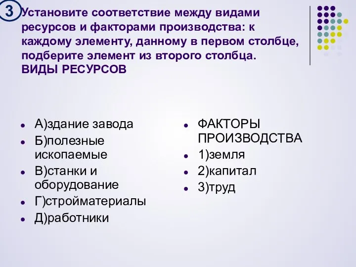 Установите соответствие между видами ресурсов и факторами производства: к каждому элементу,