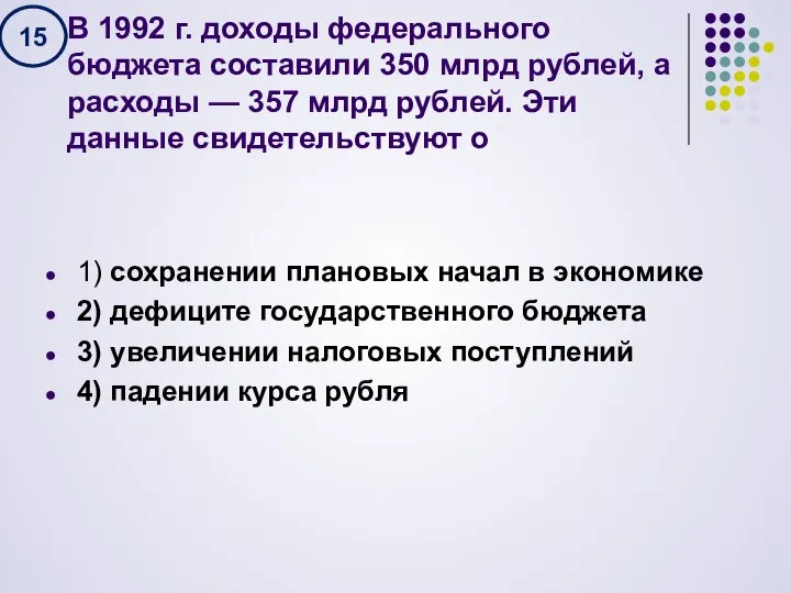 В 1992 г. доходы федерального бюджета составили 350 млрд рублей, а