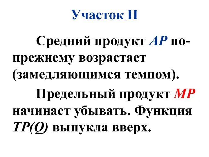 Участок II Средний продукт АР по-прежнему возрастает (замедляющимся темпом). Предельный продукт