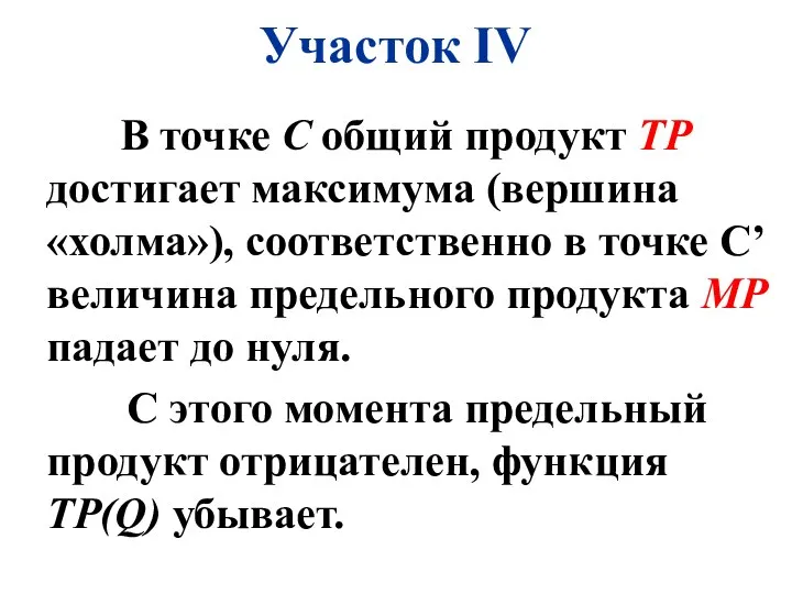 Участок IV В точке С общий продукт ТР достигает максимума (вершина