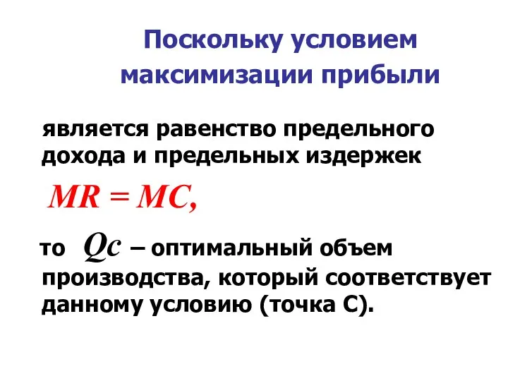 Поскольку условием максимизации прибыли является равенство предельного дохода и предельных издержек