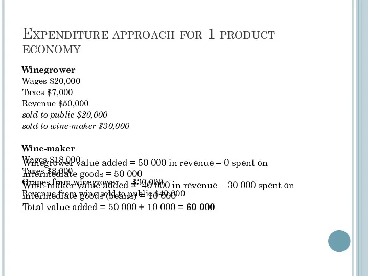 Expenditure approach for 1 product economy Winegrower Wages $20,000 Taxes $7,000