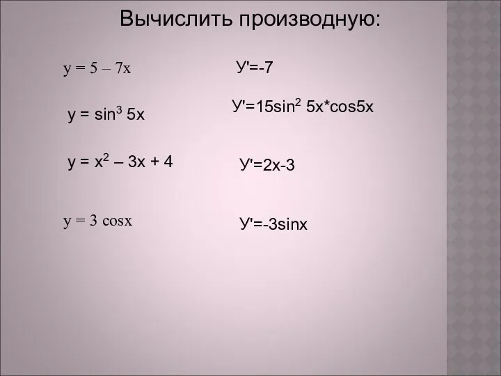 Вычислить производную: у = 5 – 7х у = sin3 5x