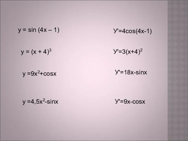 у = sin (4х – 1) У'=4cos(4x-1) у = (х +