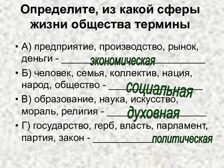 Определите, из какой сферы жизни общества термины А) предприятие, производство, рынок,