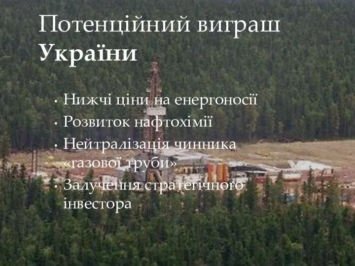 Нижчі ціни на енергоносії Розвиток нафтохімії Нейтралізація чинника «газової труби» Залучення стратегічного інвестора Потенційний виграш України