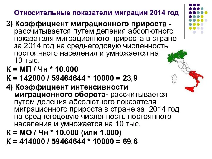 Относительные показатели миграции 2014 год 3) Коэффициент миграционного прироста - рассчитывается