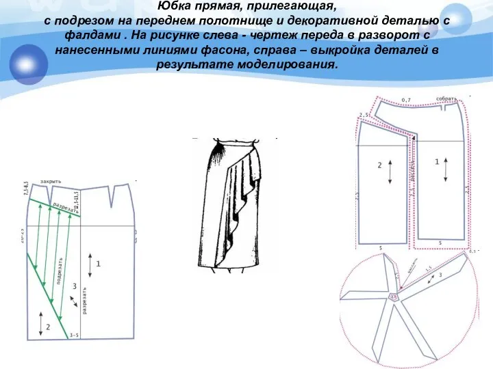 Юбка прямая, прилегающая, с подрезом на переднем полотнище и декоративной деталью