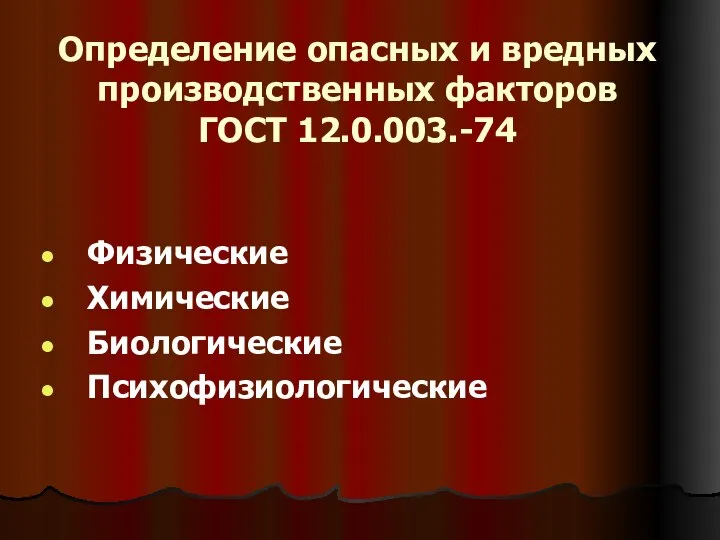 Определение опасных и вредных производственных факторов ГОСТ 12.0.003.-74 Физические Химические Биологические Психофизиологические