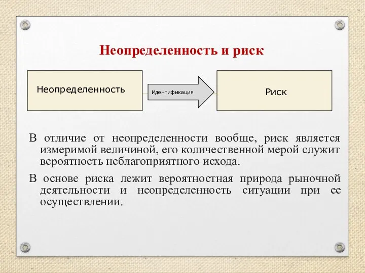 Неопределенность и риск В отличие от неопределенности вообще, риск является измеримой