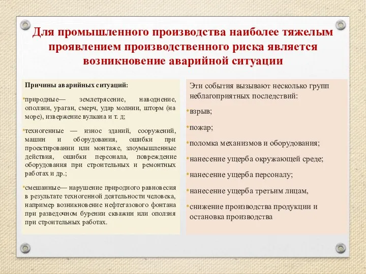 Для промышленного производства наиболее тяжелым проявлением производственного риска является возникновение аварийной