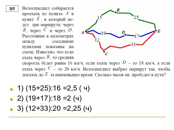 1) (15+25):16 =2,5 ( ч) 2) (19+17):18 =2 (ч) 3) (12+33):20 =2,25 (ч)