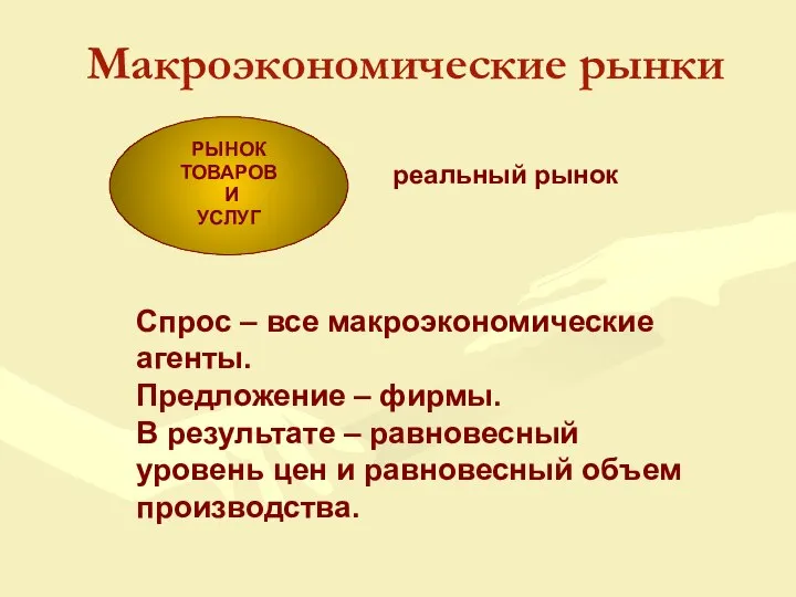 РЫНОК ТОВАРОВ И УСЛУГ Макроэкономические рынки реальный рынок Спрос – все