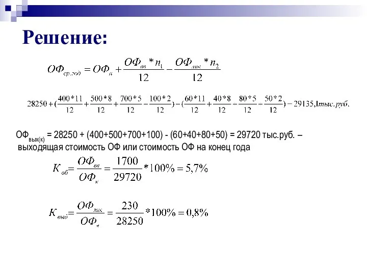 Решение: ОФвых(к) = 28250 + (400+500+700+100) - (60+40+80+50) = 29720 тыс.руб.