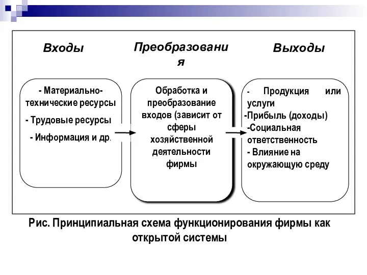 Рис. Принципиальная схема функционирования фирмы как открытой системы