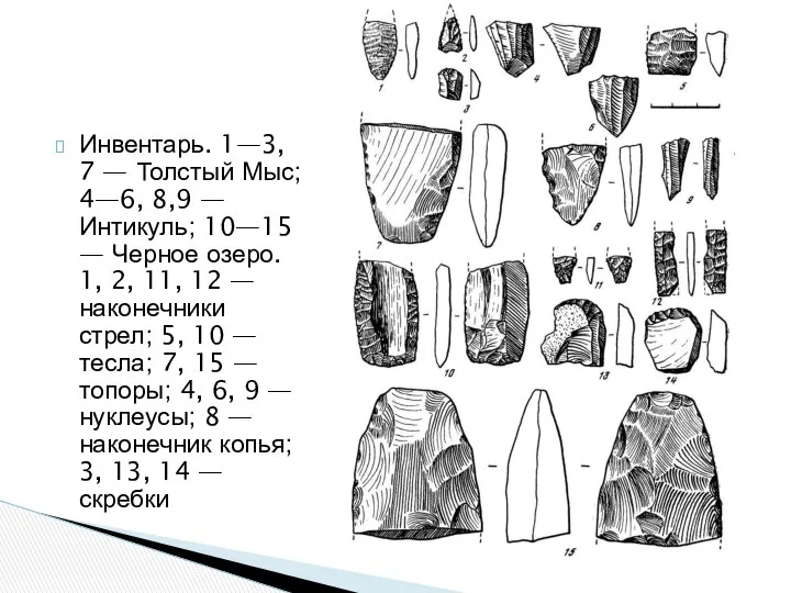 Инвентарь. 1—3, 7 — Толстый Мыс; 4—6, 8,9 — Интикуль; 10—15