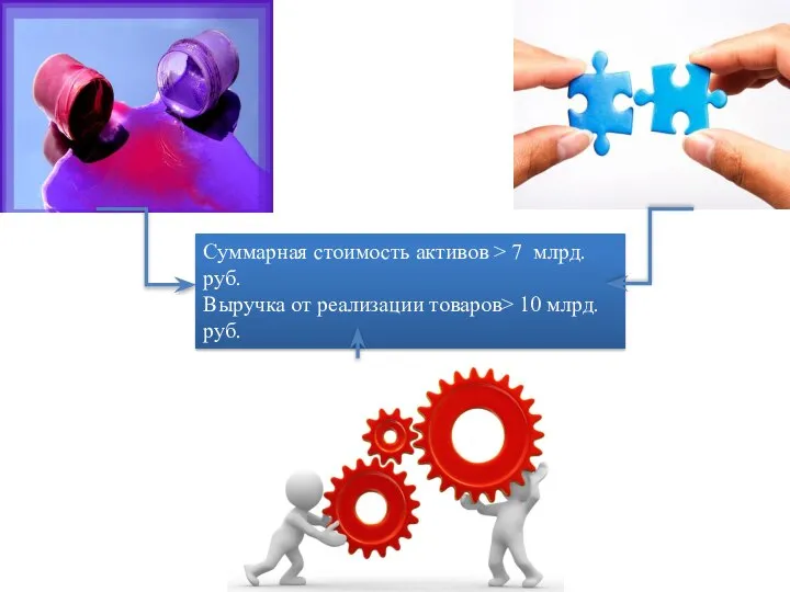 Суммарная стоимость активов > 7 млрд. руб. Выручка от реализации товаров> 10 млрд. руб.