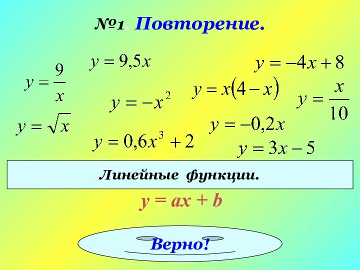 №1. Повторение. Линейные функции. y = ах + b Верно!