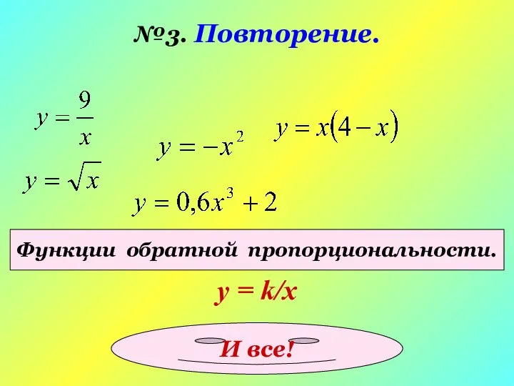 №3. Повторение. Функции обратной пропорциональности. у = k/x И все!