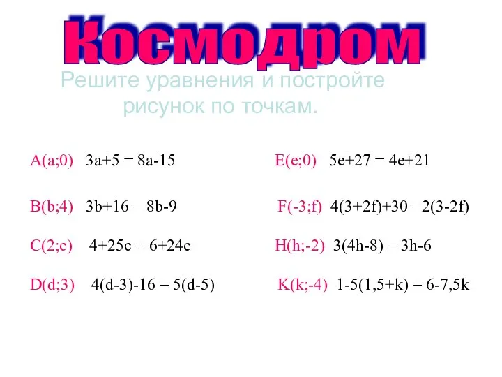 Решите уравнения и постройте рисунок по точкам. А(а;0) 3а+5 = 8а-15