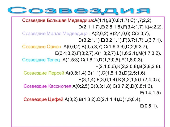 Созвездие Большая Медведица:А(1;1),В(0,8;1,7),С(1,7;2,2), D(2,1;1,7),E(2,8;1,8),F(3,4;1,7),K(4;2,2). Созвездие Малая Медведица : А(2;0,2),В(2,4;0,6),С(3;0,7), D(3,2;1,1),E(3,2;1,1),F(3,7;1,7),L(3,7;1). Созвездие