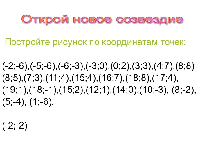 Постройте рисунок по координатам точек: (-2;-6),(-5;-6),(-6;-3),(-3;0),(0;2),(3;3),(4;7),(8;8) (8;5),(7;3),(11;4),(15;4),(16;7),(18;8),(17;4), (19;1),(18;-1),(15;2),(12;1),(14;0),(10;-3), (8;-2), (5;-4), (1;-6). (-2;-2) Открой новое созвездие