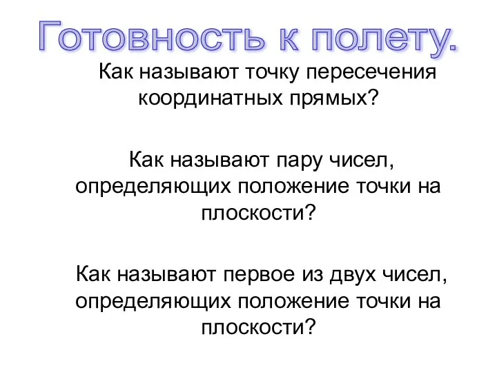 Готовность к полету. Как называют точку пересечения координатных прямых? Как называют