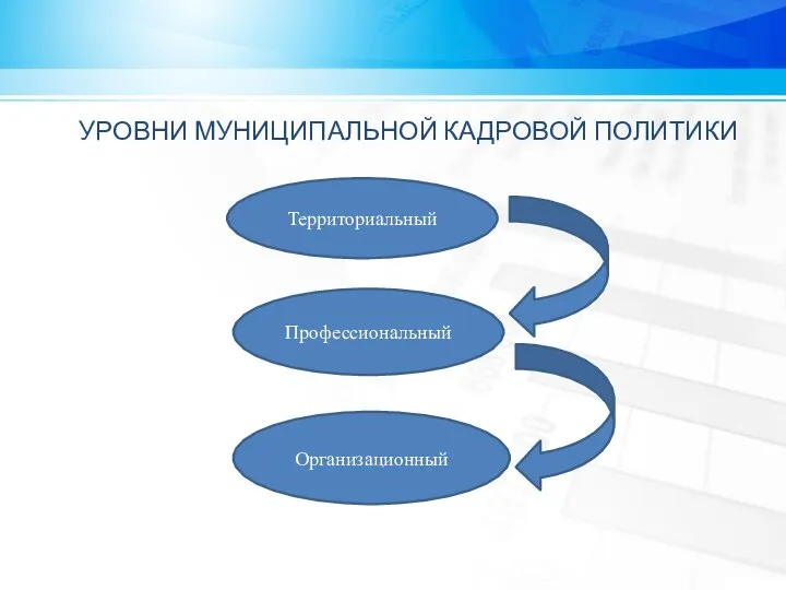 УРОВНИ МУНИЦИПАЛЬНОЙ КАДРОВОЙ ПОЛИТИКИ Территориальный Профессиональный Организационный