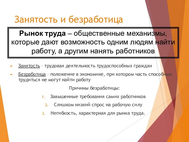 Занятость и безработица Занятость – трудовая деятельность трудоспособных граждан Безработица –