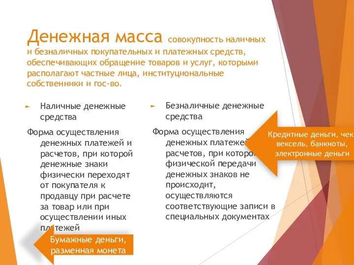 Денежная масса совокупность наличных и безналичных покупательных и платежных средств, обеспечивающих