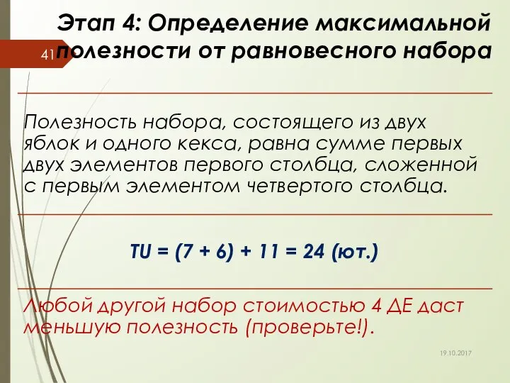 Этап 4: Определение максимальной полезности от равновесного набора 19.10.2017