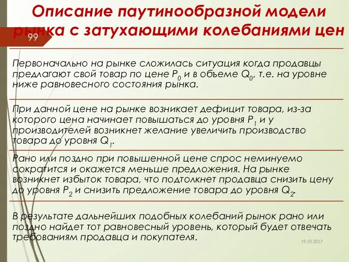 Описание паутинообразной модели рынка с затухающими колебаниями цен 19.10.2017