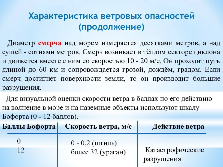 Характеристика ветровых опасностей (продолжение) Диаметр смерча над морем измеряется десятками метров,