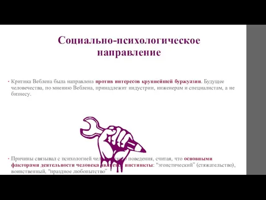 Социально-психологическое направление Критика Веблена была направлена против интересов крупнейшей буржуазии. Будущее