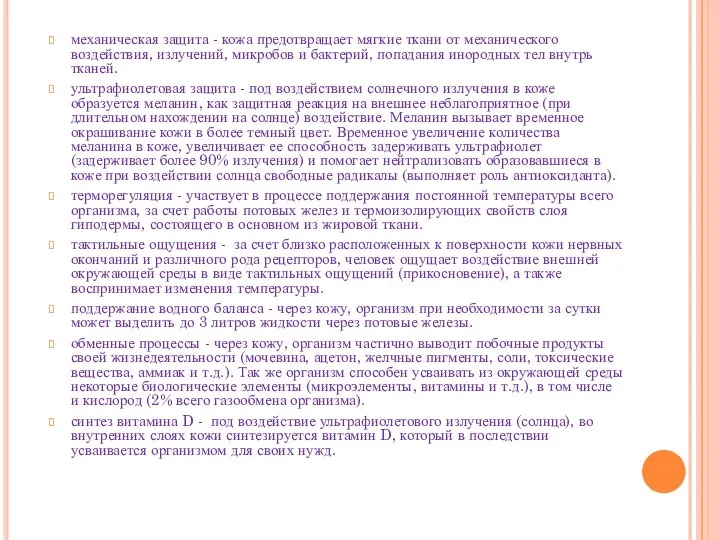 механическая защита - кожа предотвращает мягкие ткани от механического воздействия, излучений,