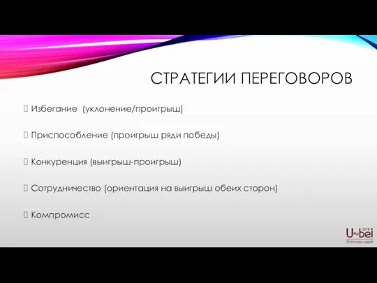 СТРАТЕГИИ ПЕРЕГОВОРОВ Избегание (уклонение/проигрыш) Приспособление (проигрыш ряди победы) Конкуренция (выигрыш-проигрыш) Сотрудничество