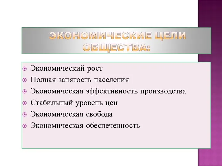 Экономический рост Полная занятость населения Экономическая эффективность производства Стабильный уровень цен Экономическая свобода Экономическая обеспеченность