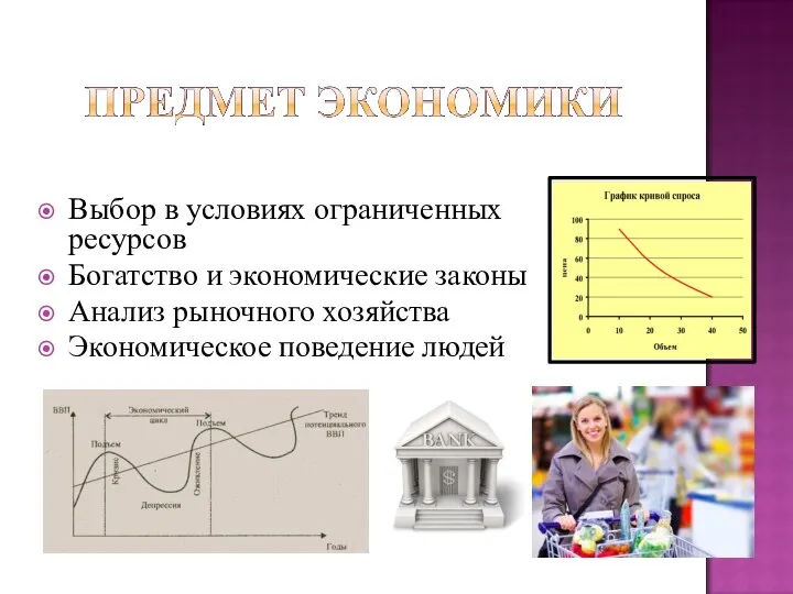 Выбор в условиях ограниченных ресурсов Богатство и экономические законы Анализ рыночного хозяйства Экономическое поведение людей