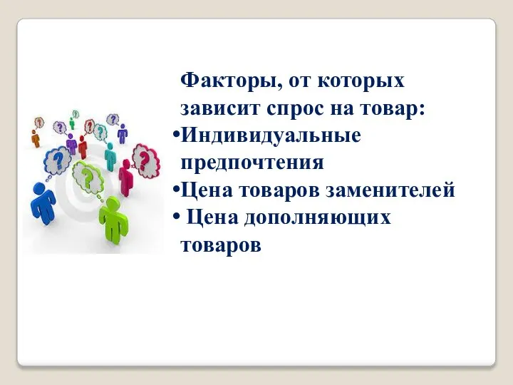 Факторы, от которых зависит спрос на товар: Индивидуальные предпочтения Цена товаров заменителей Цена дополняющих товаров