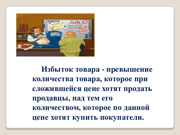 Избыток товара - превышение количества товара, которое при сложившейся цене хотят