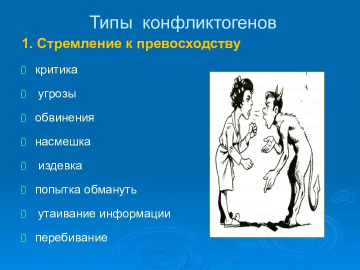 Типы конфликтогенов 1. Стремление к превосходству критика угрозы обвинения насмешка издевка попытка обмануть утаивание информации перебивание