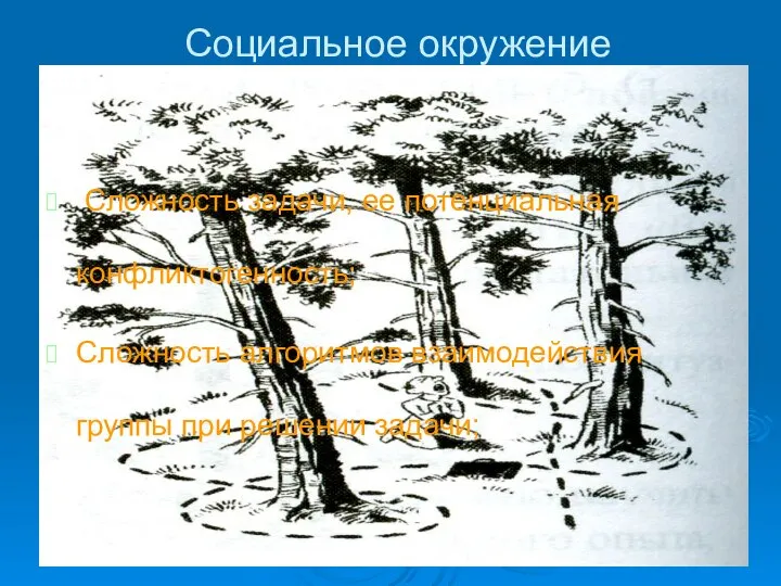 Социальное окружение Сложность задачи, ее потенциальная конфликтогенность; Сложность алгоритмов взаимодействия группы при решении задачи;