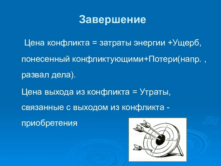 Завершение Цена конфликта = затраты энергии +Ущерб, понесенный конфликтующими+Потери(напр. , развал