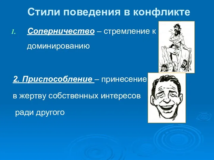 Стили поведения в конфликте Соперничество – стремление к доминированию 2. Приспособление