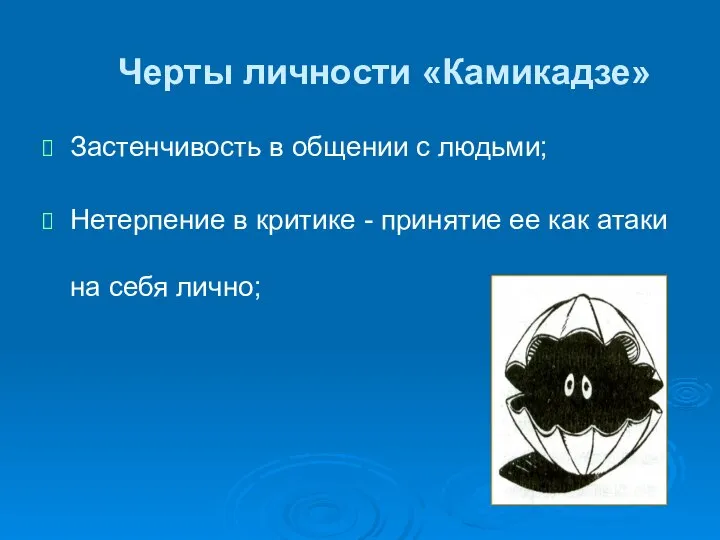 Черты личности «Камикадзе» Застенчивость в общении с людьми; Нетерпение в критике