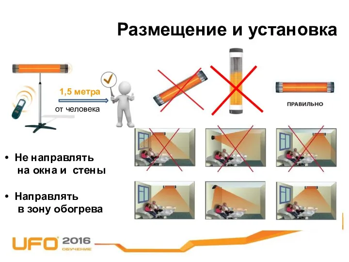 Не направлять на окна и стены Направлять в зону обогрева Размещение и установка