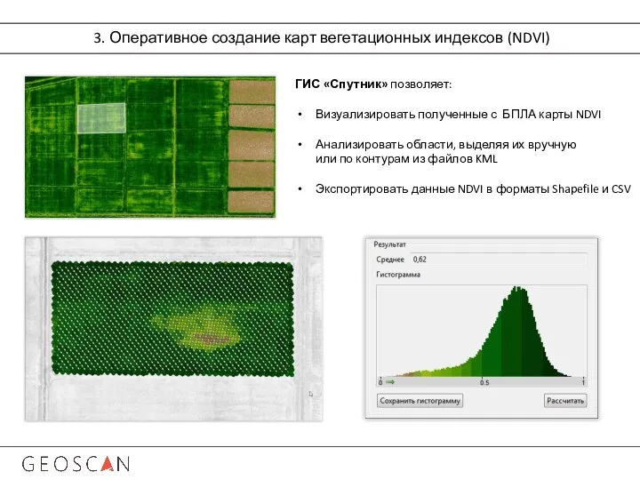 3. Оперативное создание карт вегетационных индексов (NDVI) ГИС «Спутник» позволяет: Визуализировать